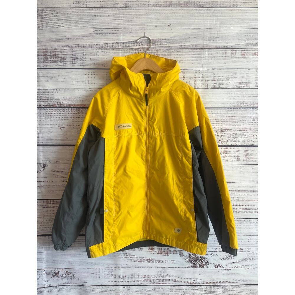 COLUMBIA VINTAGE UNISEX HOODED RAIN WINDBREAKER SHELL JACKET YELLOW GRAY 14/16